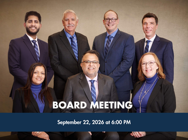 Group of School trustees portrait photo with text that reads "Board Meeting" and "September 22, 2026 at 6:00 PM"